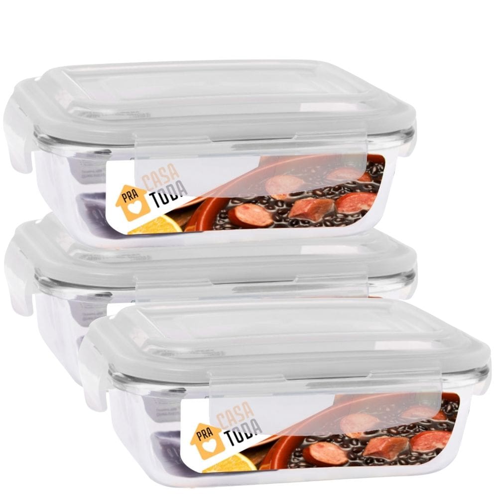 Conjunto 3 Potes Tampa Hermetica 4 Travas Retangular Vidro 370ml