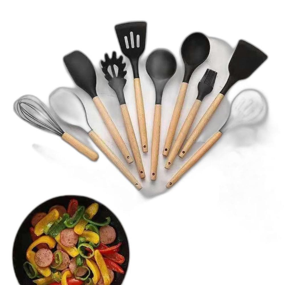 Kit Utensilios Cozinha Silicone Colher Copo Suporte 12 Peças