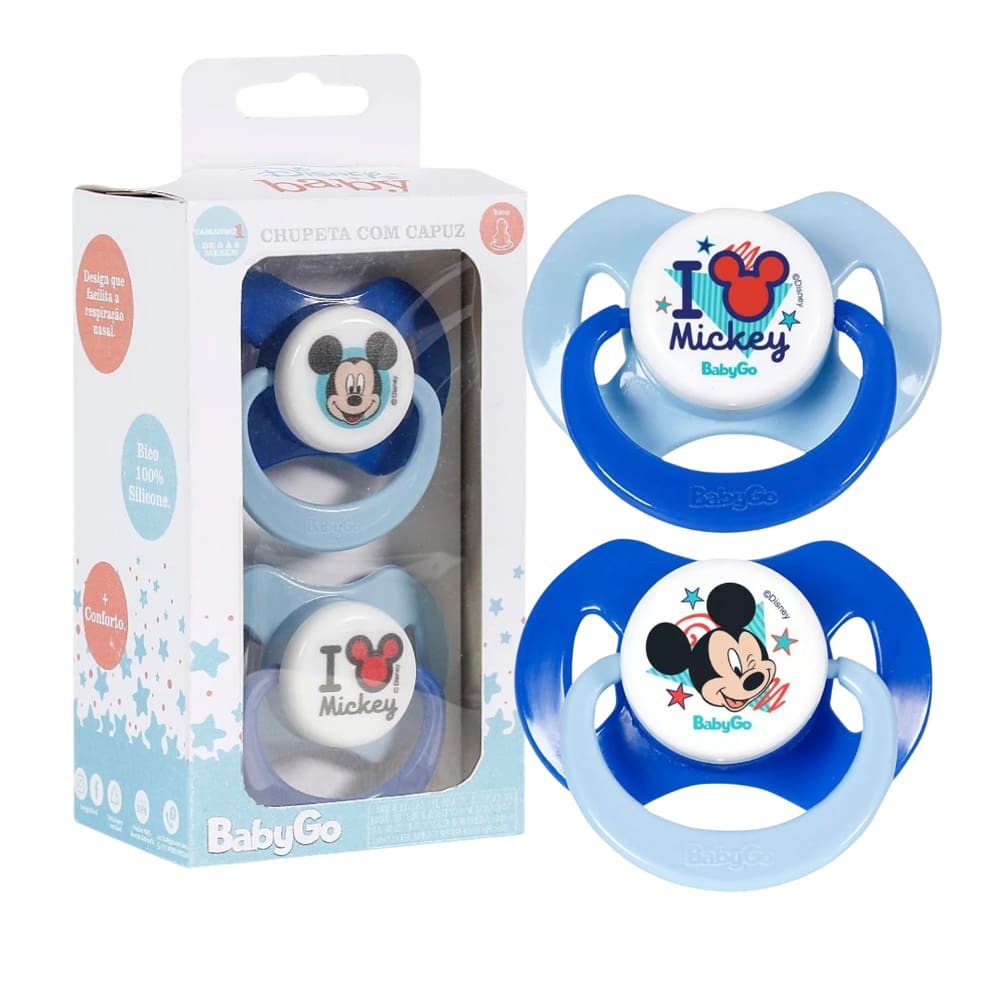 Kit 2 Chupetas com Capuz T2 Bico Silicone Orto +6M Mickey Minnie Azul Rosa Disney