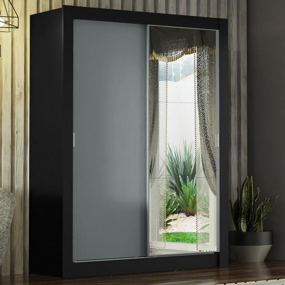 Guarda-roupa Solteiro 2 Portas Com Espelho Preto/Cinza