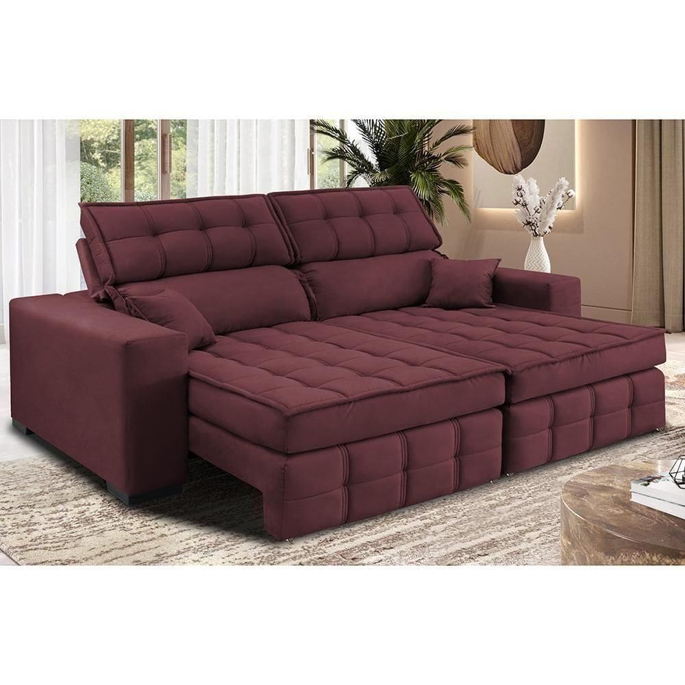 Sofá Retrátil E Reclinável 1,80m Molas Ensacadas E Costura Tripla Cama Inbox Nobre Suede Vinho