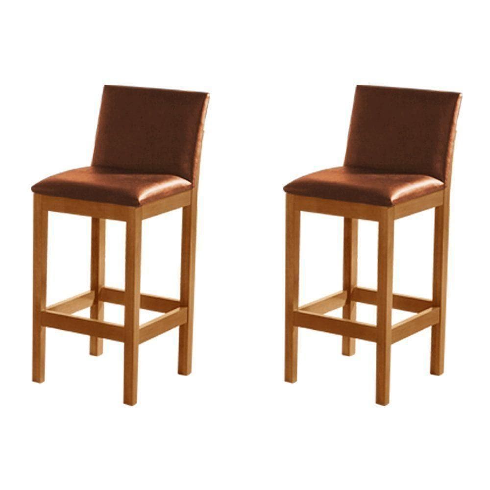 Kit 2 Banquetas Alta Luxo Pérola Com Encosto Estofada Em Couro Pu Caramelo Madeira Maciça Castanho