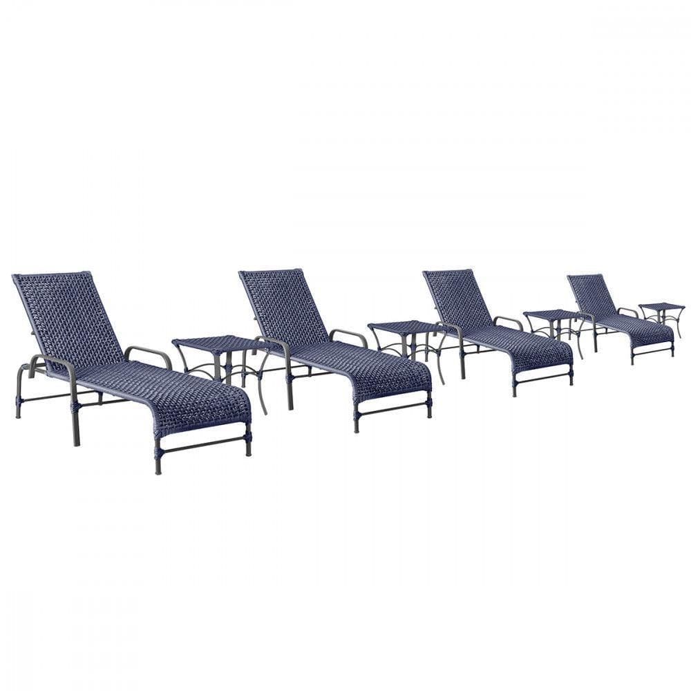 4 Espreguiçadeiras Catar 4 Mesas Garden Corda Náutica Trama Azul