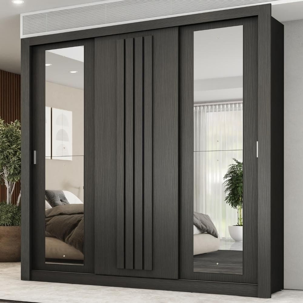 Guarda Roupa Casal 3 Portas Doha Com Espelhos Laterais Carraro Preto Touch