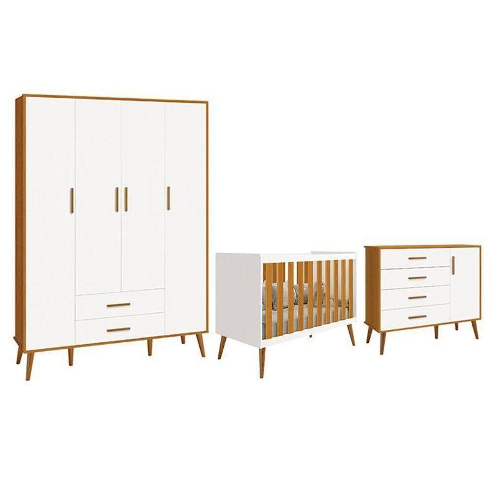 Dormitório Infantil Isis Guarda Roupa 4 Portas, Cômoda 1 Porta E Berço Branco/savana - Reller Móveis