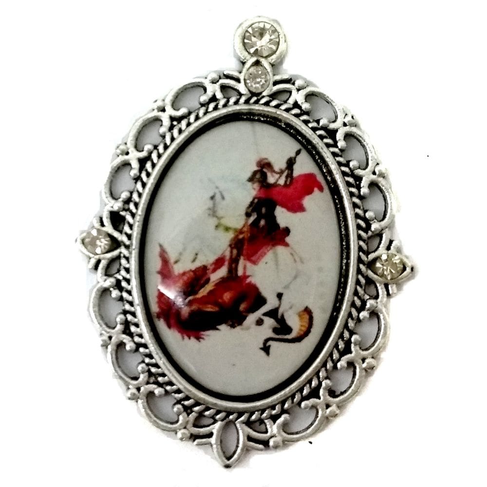 Entremeio terço São Jorge prata strass 30mmx40mm