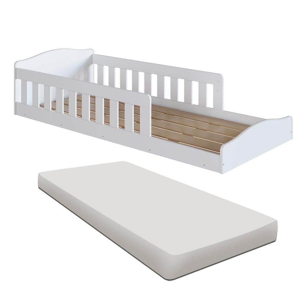 Cama Com Colchão Solteiro Montessoriana Infantil Proteção Lateral Branco Completa Móveis Branco