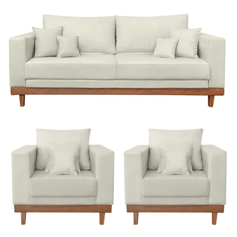 Kit 2 Poltronas Living + Sofá 2 Lugares Base Madeira Suede Bege