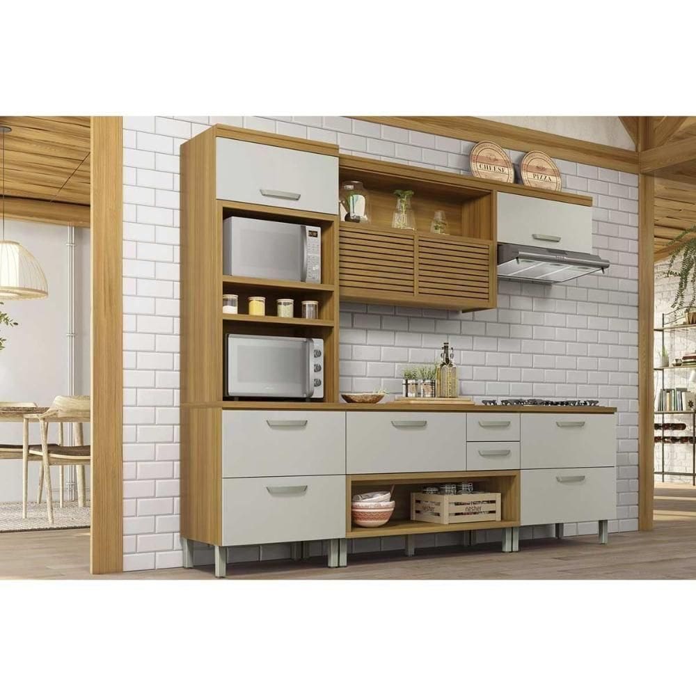 Cozinha Completa 4 Peças Princesa 1 Aéreo 2 Balcões 1 Paneleiro C6p65 Freijó Off White