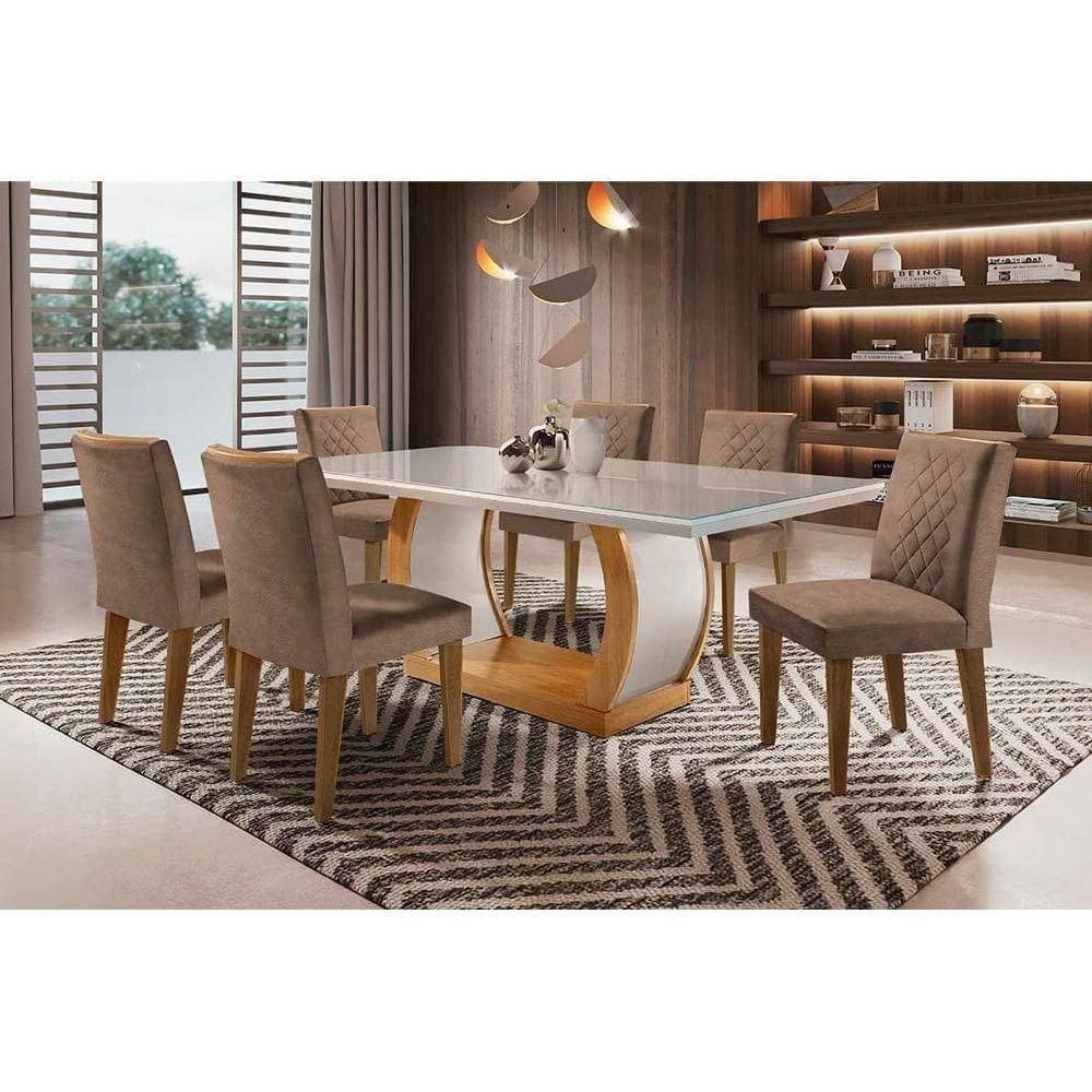 Conjunto Mesa De Cozinha Jade Tampo Madeirado Com Vidro Reto 180x90 E 6 Cadeiras Jade Imbuia Suede Capuccino Rufato