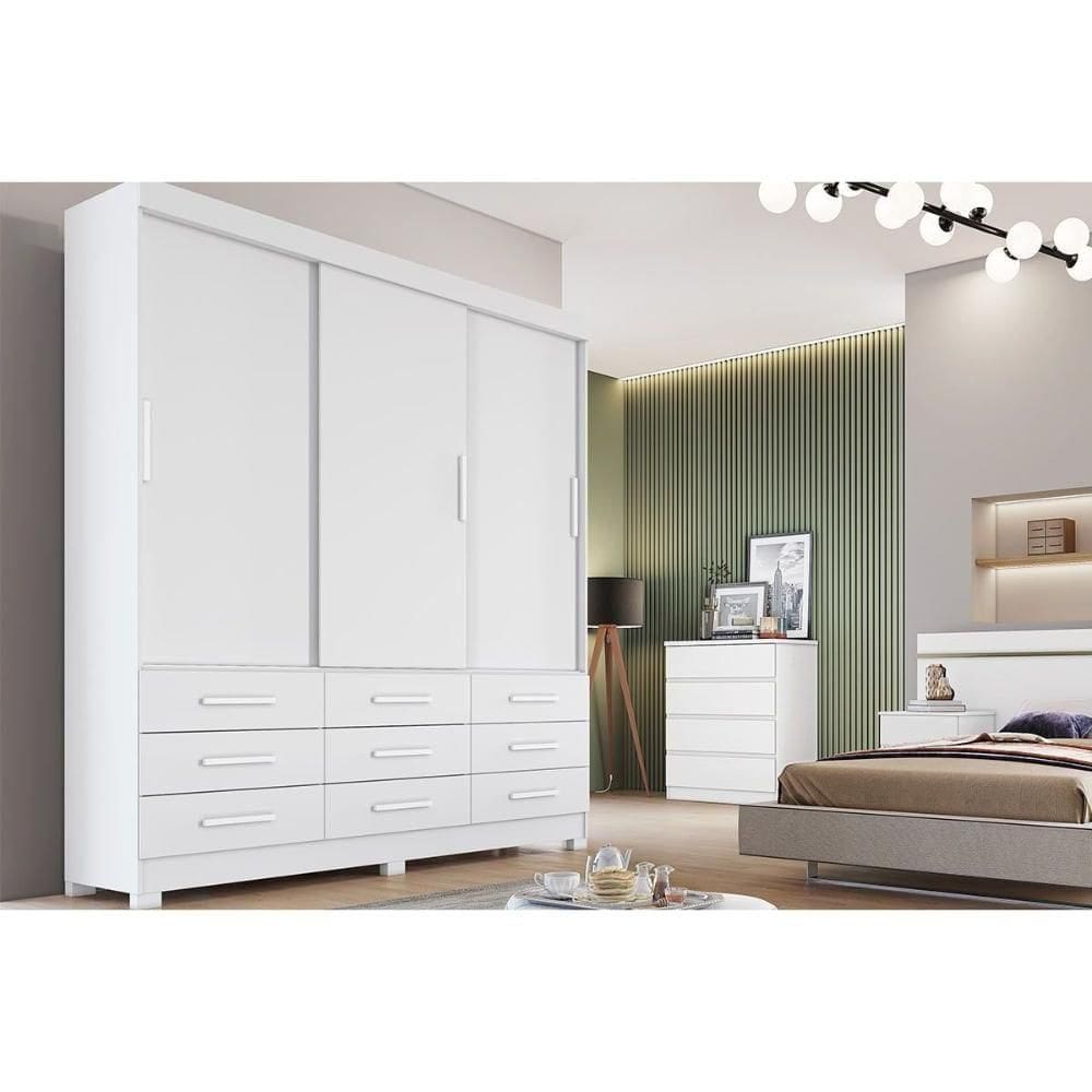 Guarda Roupa 3 Portas E 9 Gavetas Buriti-jequitibá Branco