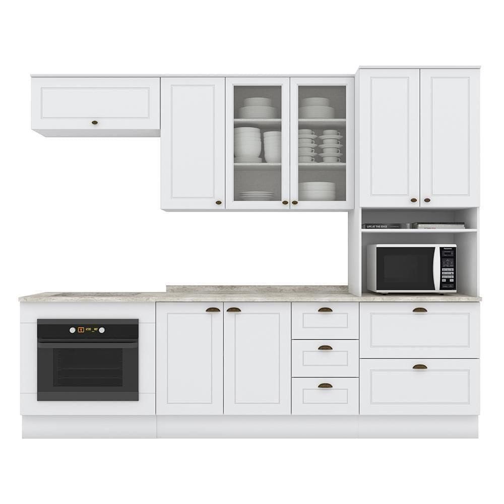 Cozinha Completa Americana 5 Peças Com Balcão Forno De Embutir Branco E Tampo Calcare - Móveis Henn Branco