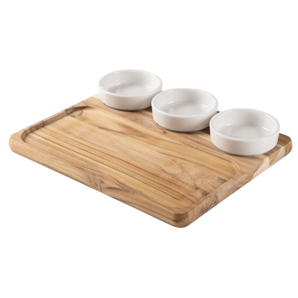 Kit Petisqueira Madeira Mista 28 cm com Três Potes Porcelana 75 mm Churrasco Tramontina