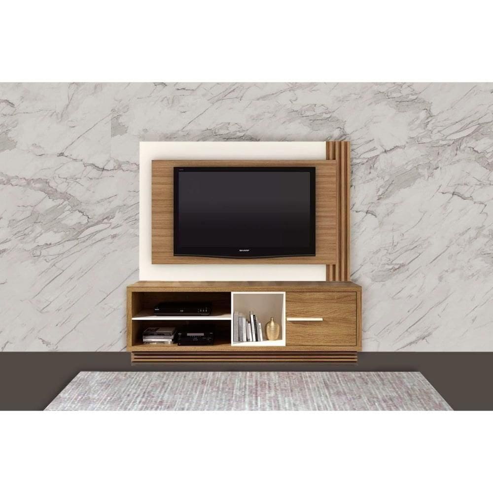 Rack Bancada Com Painel Para Até 65 Pol Pl3001-ra2002 Ripado 1 Porta 180x120cm Natural-off White - Tecno Mobili