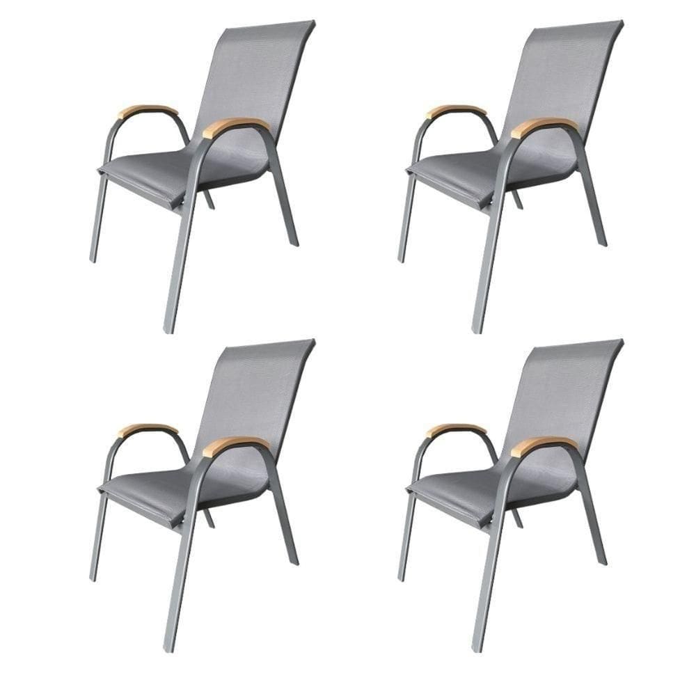 Kit 4 Cadeiras Empilhável Com Braço Pipa Maresias Fratini 96 Cm Altura Alumínio E Assento Tela Cinza