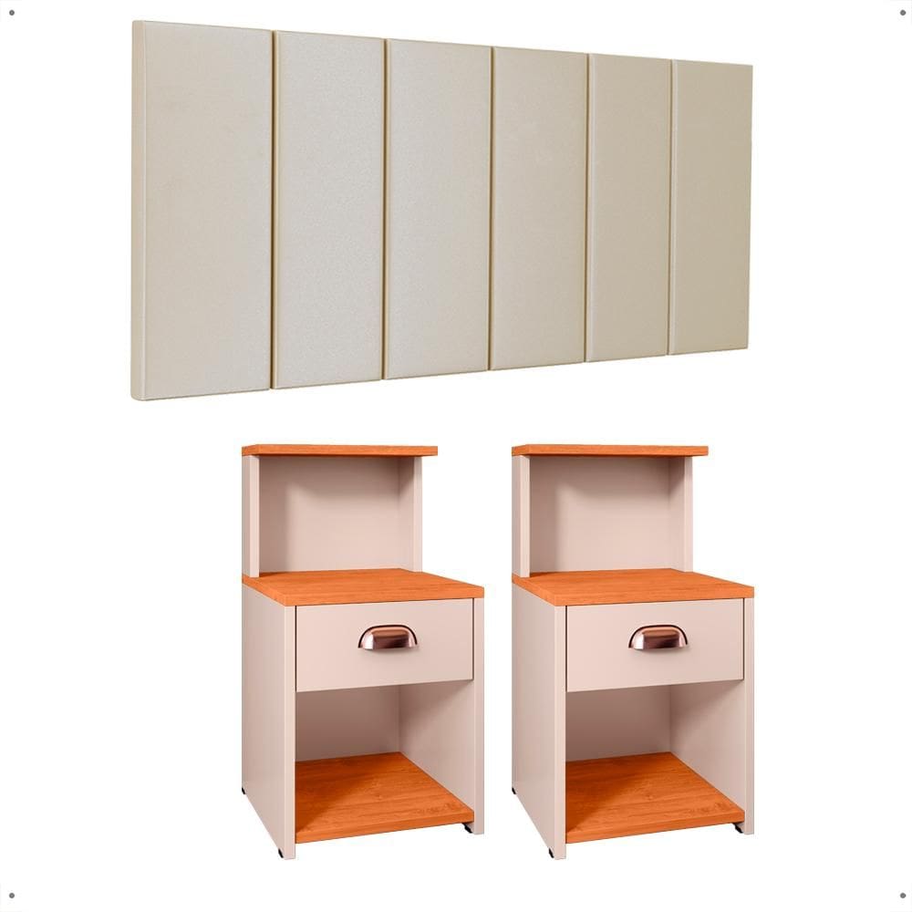 Kit 2 Mesinhas Cléo Retrô Nicho Gaveta Puxador Lauren Cabeceira Suspensa Modular Júlia Box Casal 1,40 Quarto - RPM