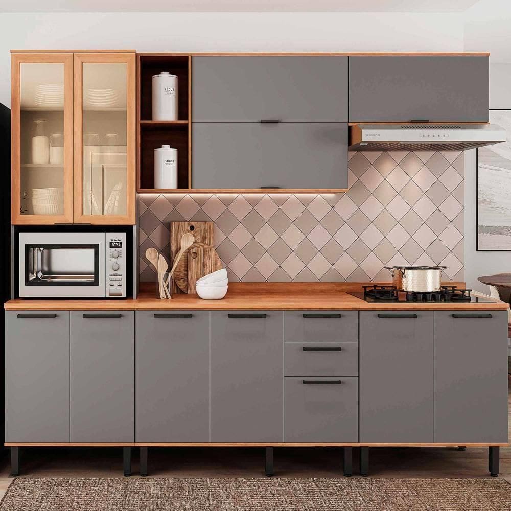 Armário De Cozinha Castanha 2700mm Paneleiro C/ Vidro 5 Peças - Cinza/freijó
