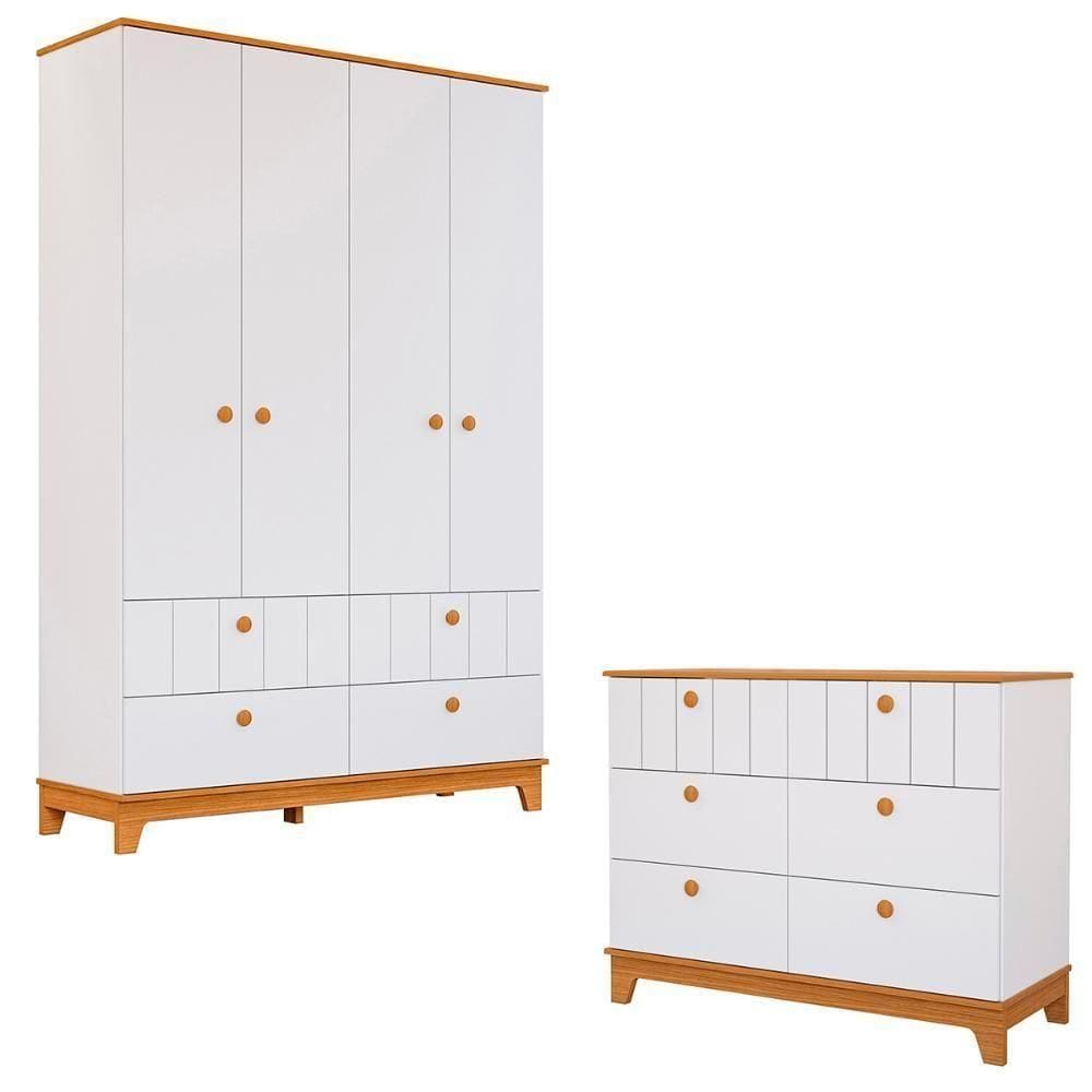 Conjunto Biscoito Roupeiro 4 Portas E Cômoda 6 Gavetas Branco Acetinado nature