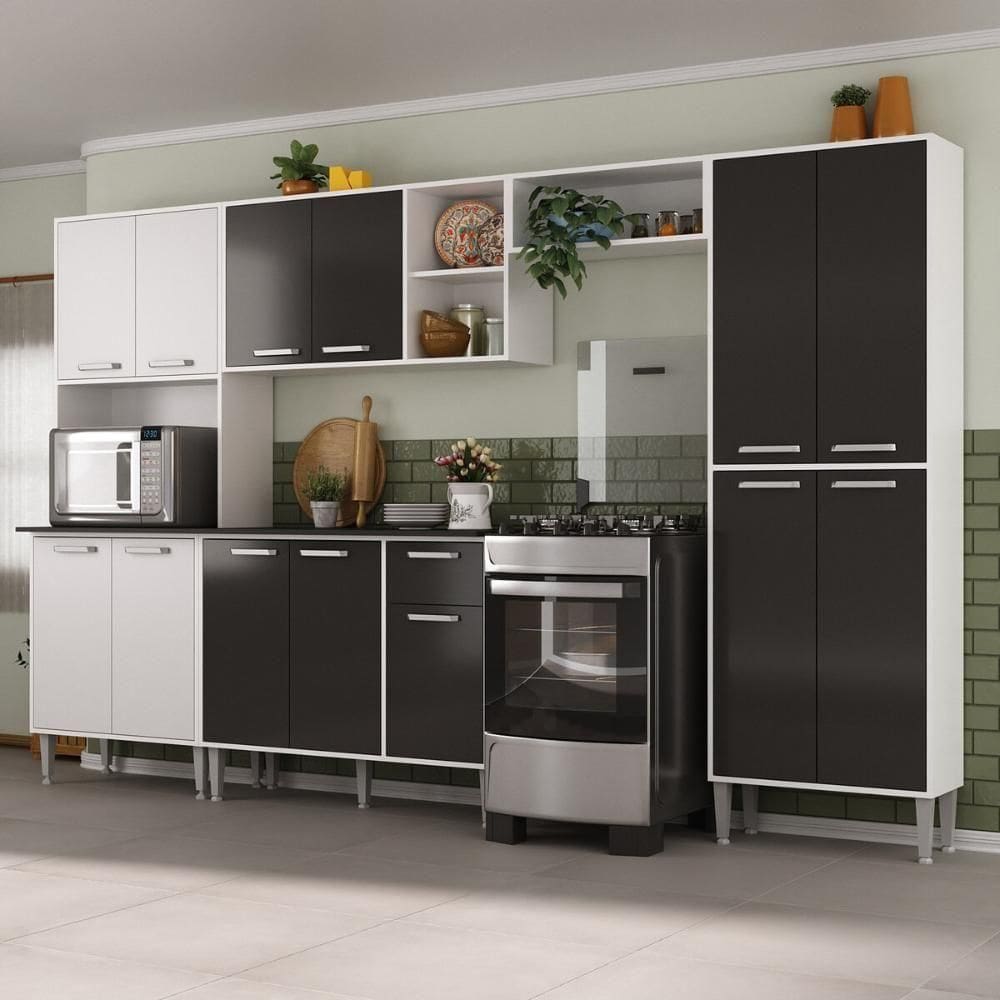 Armário De Cozinha Modulada Completa Compacta 294cm Com Balcão De Pia Multimóveis Mp2280 Branco/preto