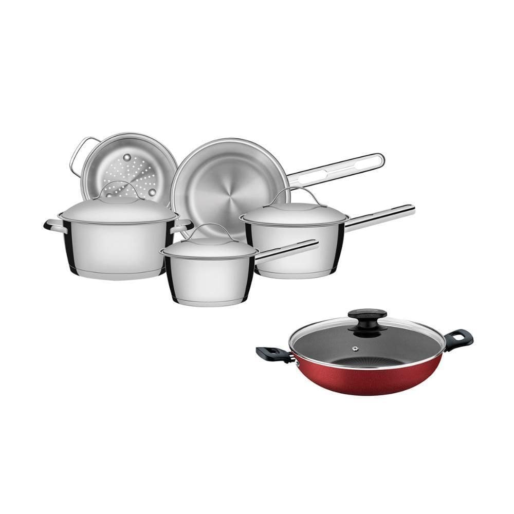 Panelas Allegra 5 Pçs Inox + Panela Wok Alumínio Loreto 28Cm