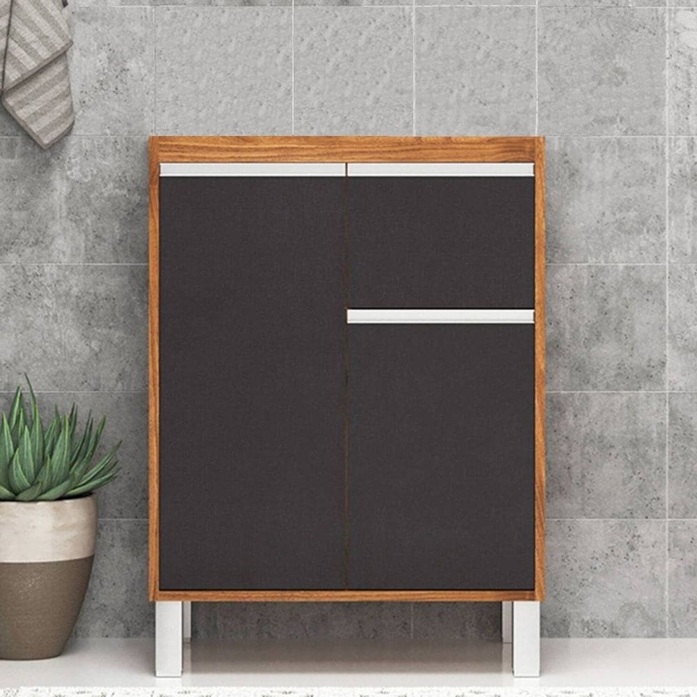 Gabinete de Banheiro com Pés 60cm 2 Portas 2 Gaveta sem Cuba Soft Amêndoa/Grafite