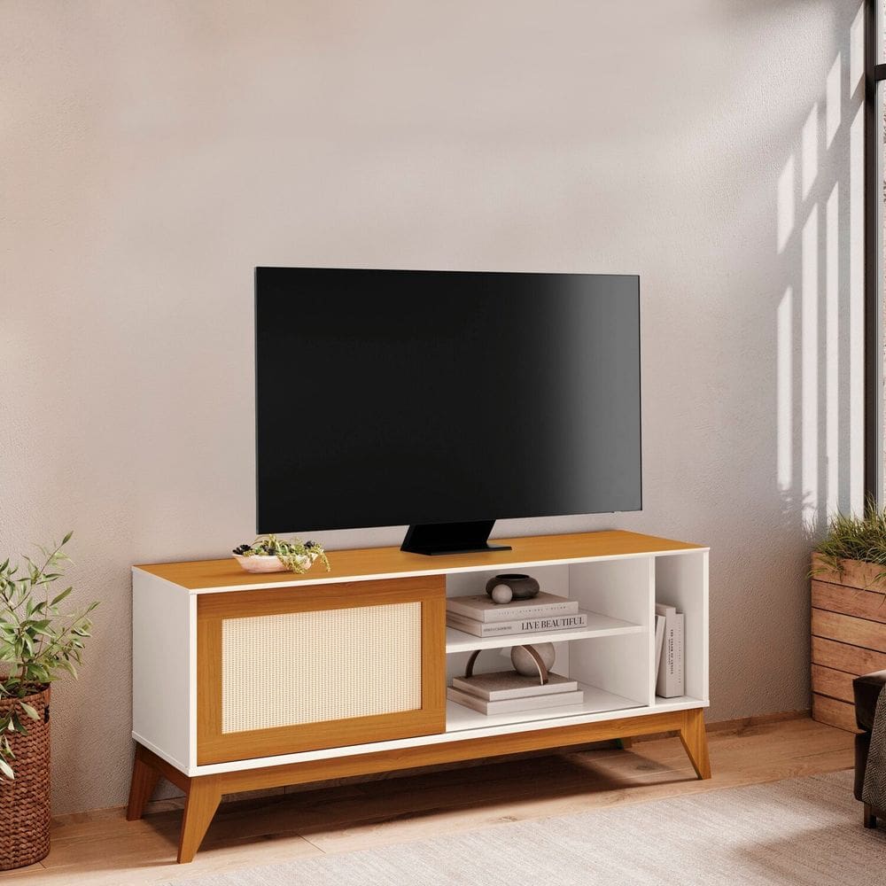 Rack para Tv 55 Polegadas com Acabamento em Tela Rathan Cayman Off White/Cedro