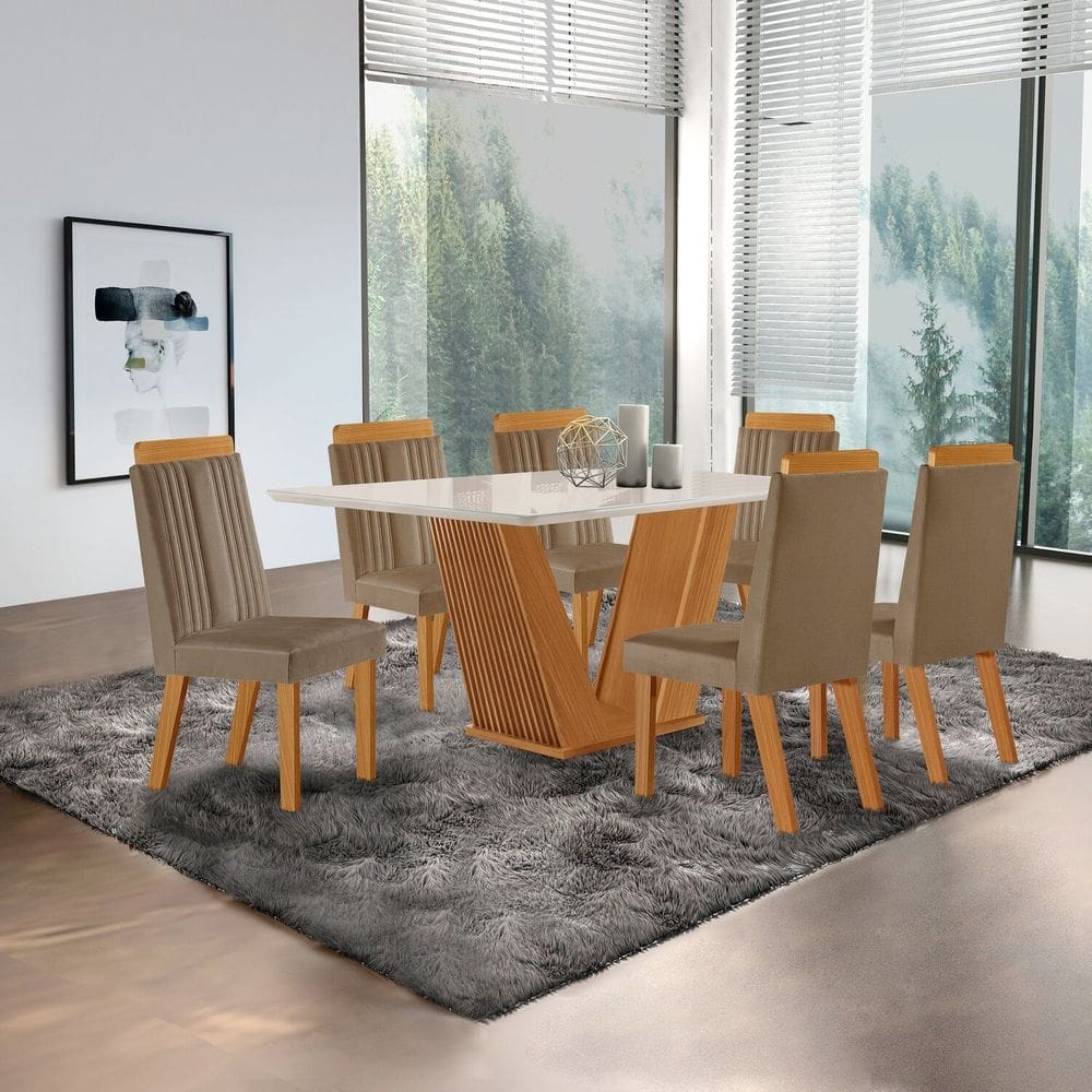 Conjunto de Jantar Mesa Maia Tampo Mdf e Vidro com 6 Cadeiras Florença Castanho Cinamomo/Capuccino/Off White