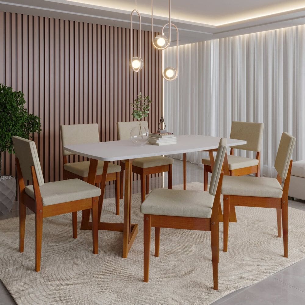 Conjunto para Sala de Jantar Tampo Oval 170cm com 6 Cadeiras Madeira Maciça Miami Caramelo/Palha/Off White