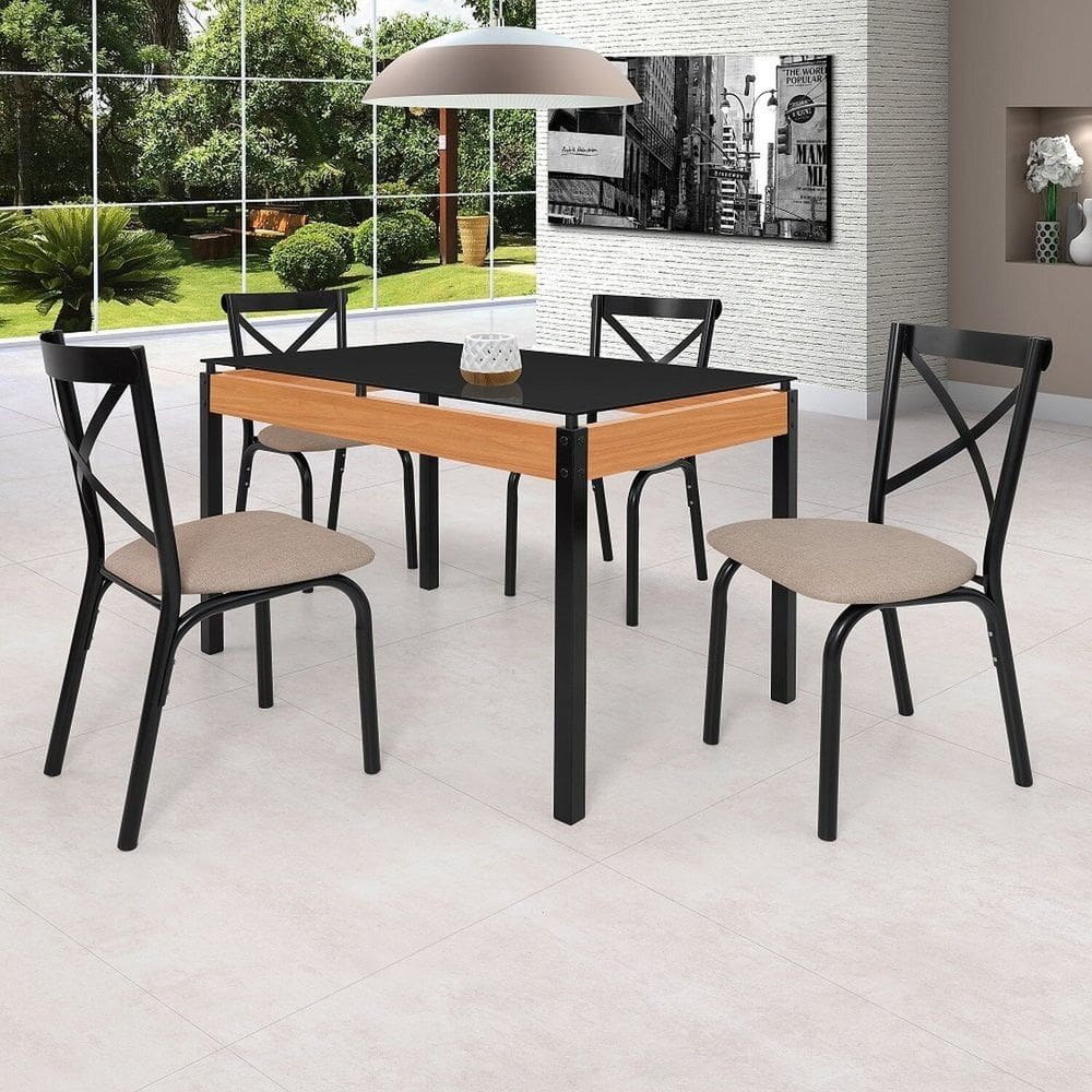 Conjunto Sala de Jantar Mesa 120cm X 77cm Tampo Vidro com 4 Cadeiras Karina Preto Fosco / Bege