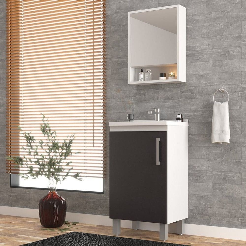 Kit 3 Peças Gabinete de Banheiro 45cm com Espelho e Lavatório Branco/Grafite
