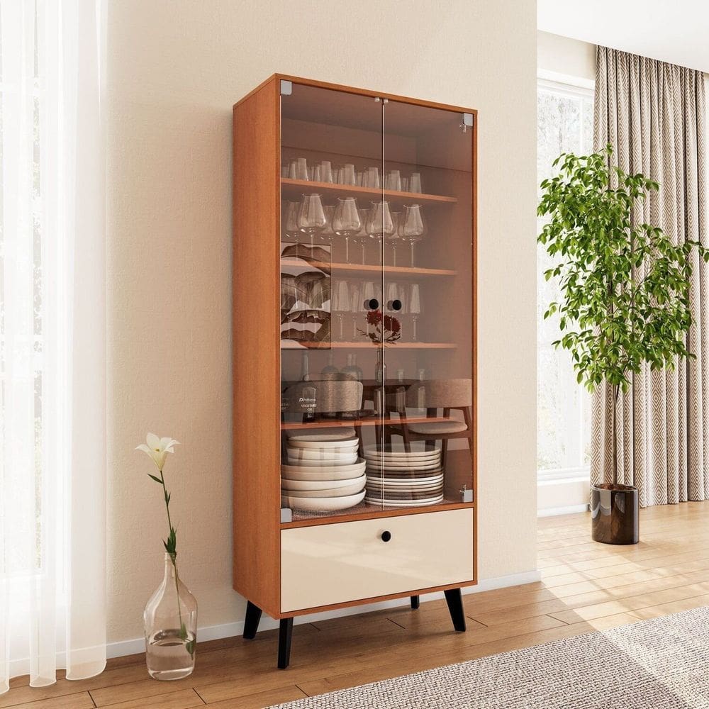 Cristaleira 2 Portas de Vidro 1 Gaveta Londres Creme/Freijó