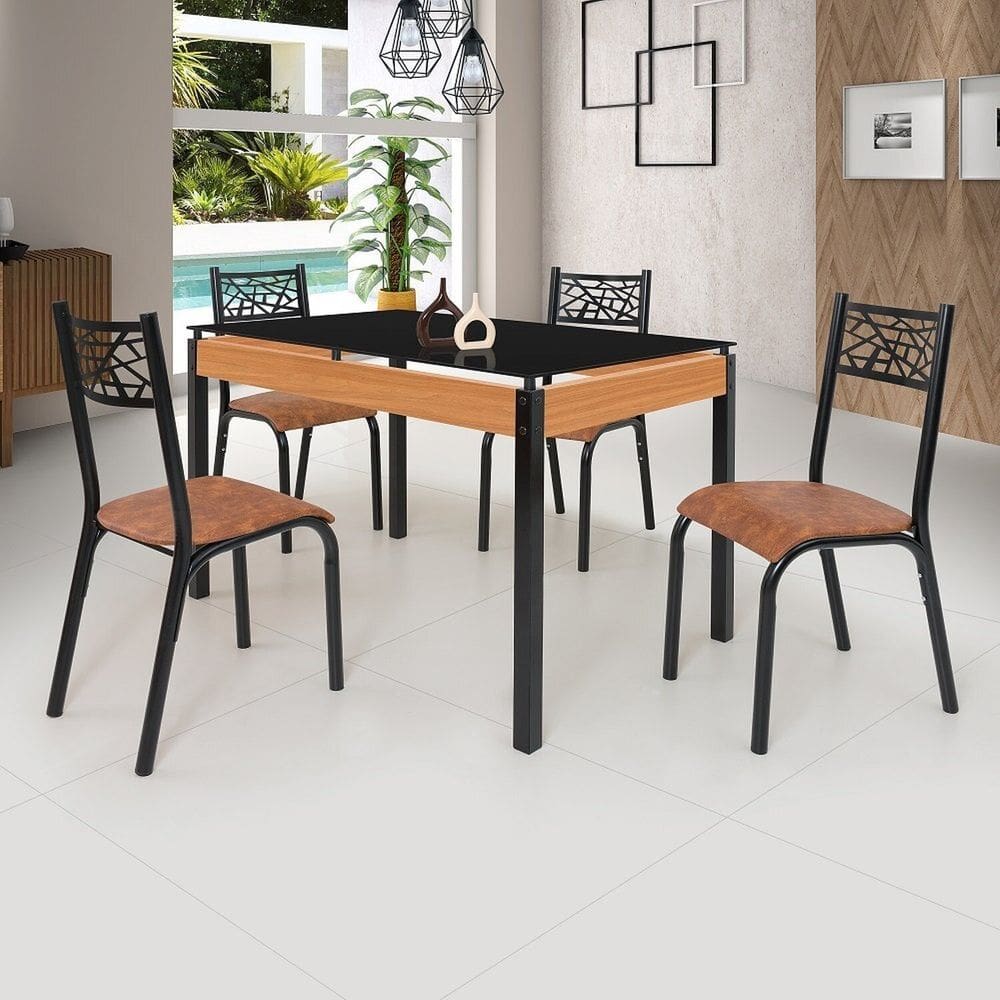 Conjunto Sala de Jantar Mesa 120x77cm Tampo Vidro com 4 Cadeiras Jade Preto fosco / Caramelo