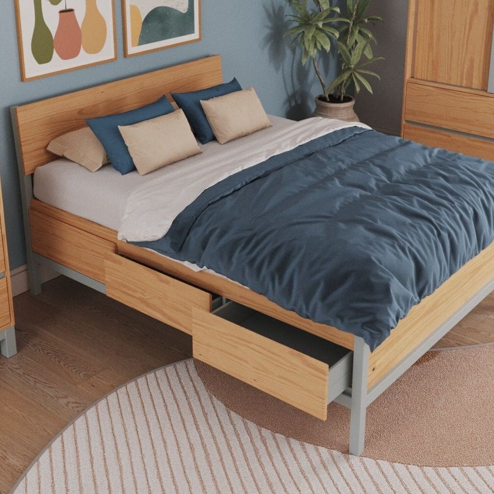 Cama de Casal em Madeira Maciça 140cm X 190cm Square Natural Pine/Cool Grey