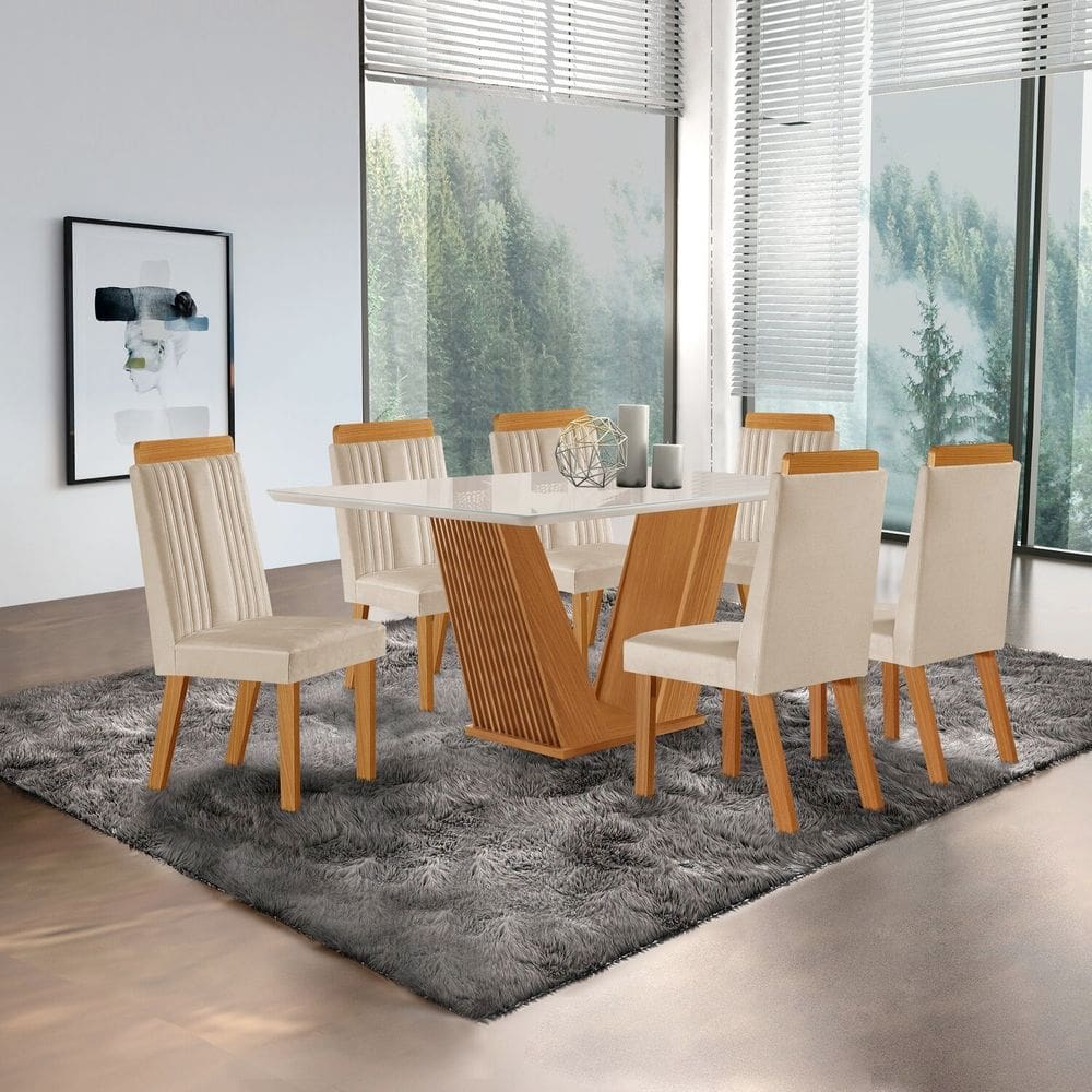 Conjunto de Jantar Mesa Maia Tampo Mdf e Vidro com 6 Cadeiras Florença Castanho Cinamomo/Creme/Off White