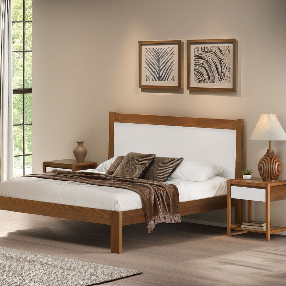 Cama de Casal 112cm X 210cm em Madeira Maciça Modena Amêndoa/Branco