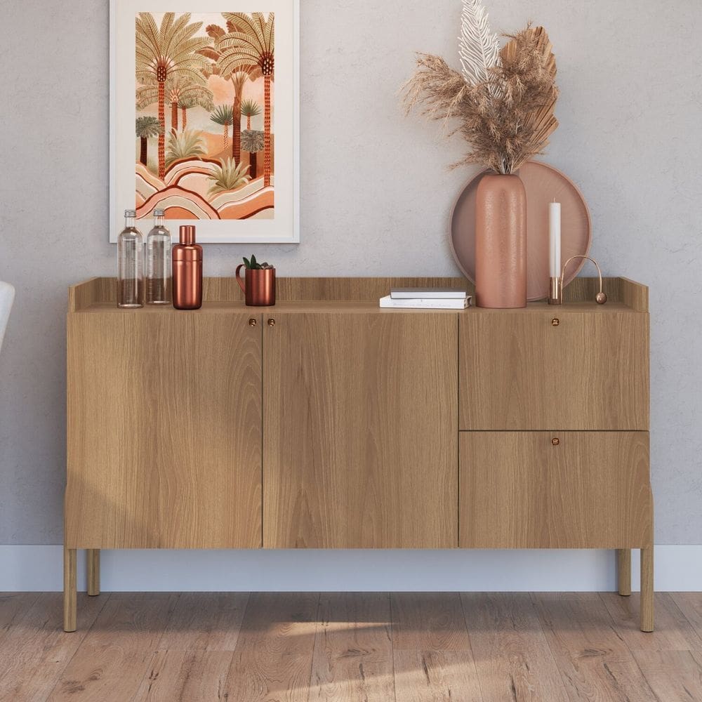 Balcão Buffet 2 Portas 2 Gavetas 139cm Pé Madeira Artesano Oslo Hanover