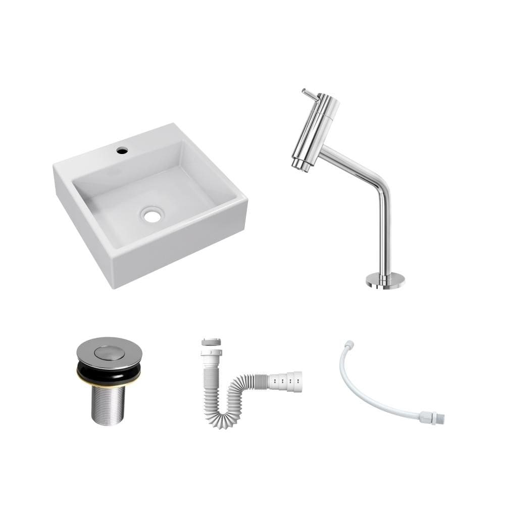Kit Cuba Q395 C/Torneira Pratika 1060 Metal + Válvula Click 1``B (2,6cm) + Sifão Pvc + Flexível