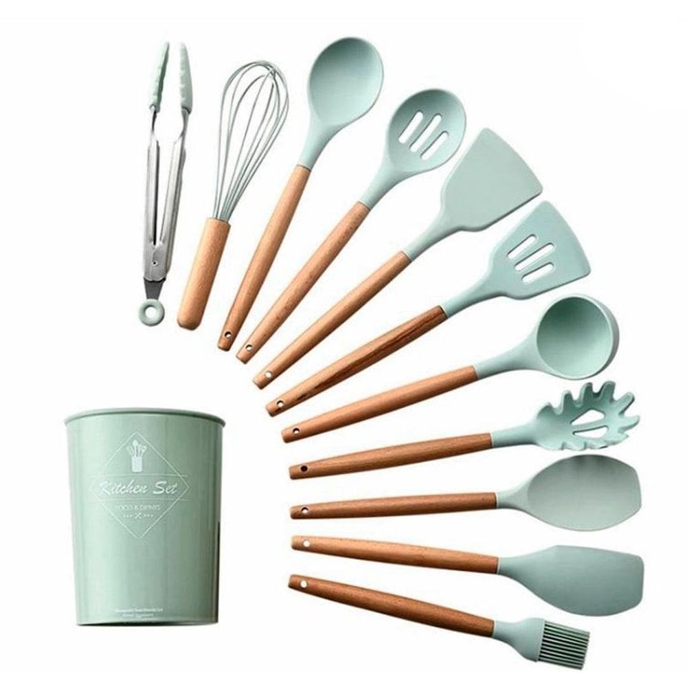 Utensílios Cozinha Silicone Madeira 12 Peças Até 230º Verde