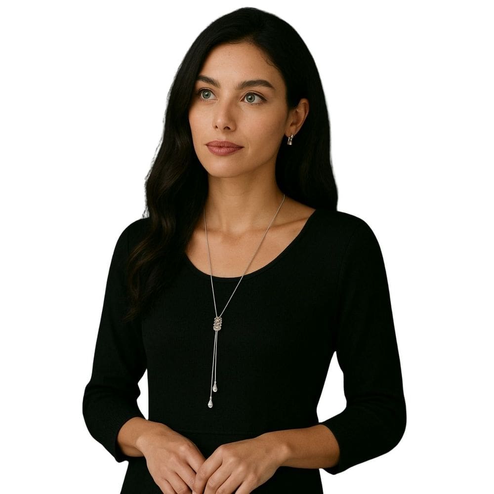 Colar Longo Prata com Pingente Cilíndrico de Cristais Luxo