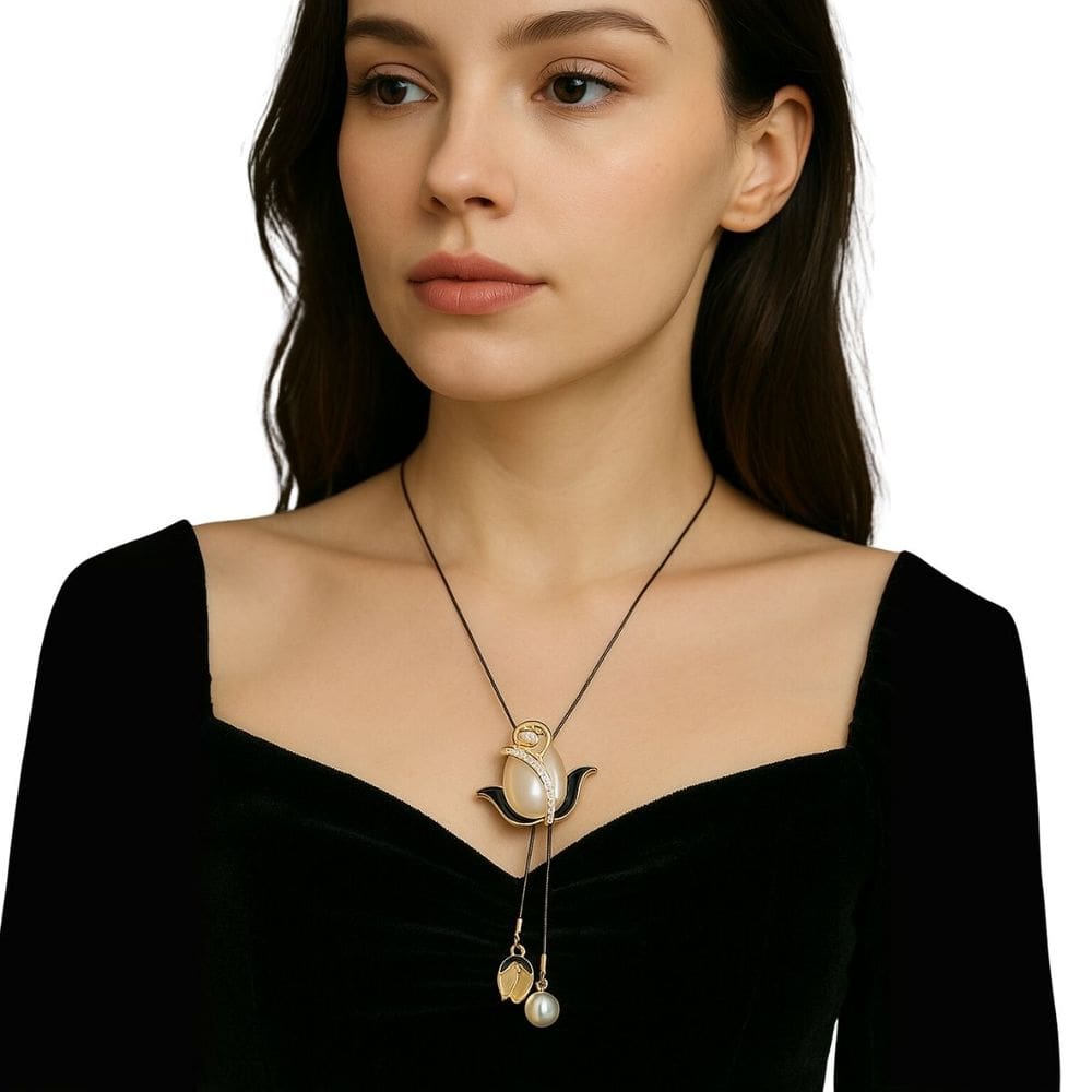 Colar Longo Flor Pérola Dourado Festa Elegante Feminino Luxo