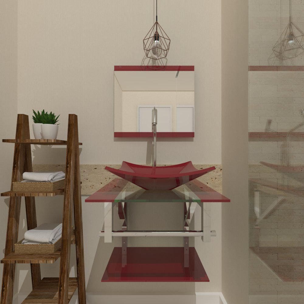 Gabinete De Vidro 45Cm Iq Inox Cuba Quadrada Vermelho Cereja