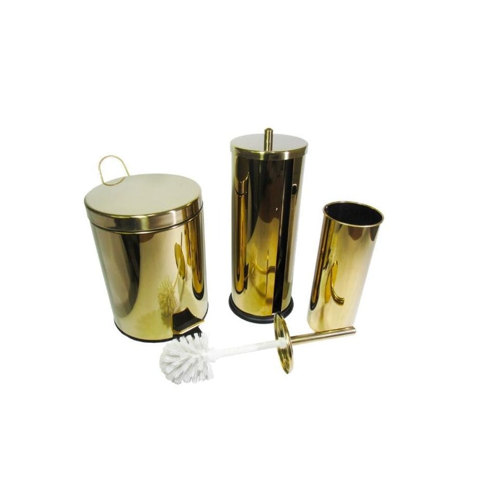Kit Dourado Lixeira Com Pedal Escova Sanitária Porta Papel