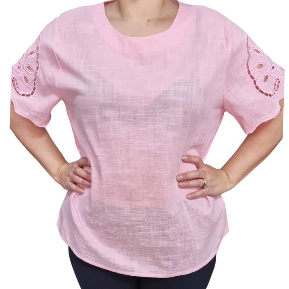 Blusa Feminina Manga Curta Bordada Rosa Plus Size