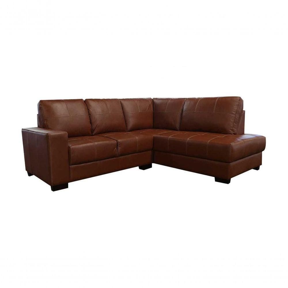 Sofá De Couro Canto Marrocos 2 Lugares Com Chaise Direita Conhaque Com Brilho - Mempra Design