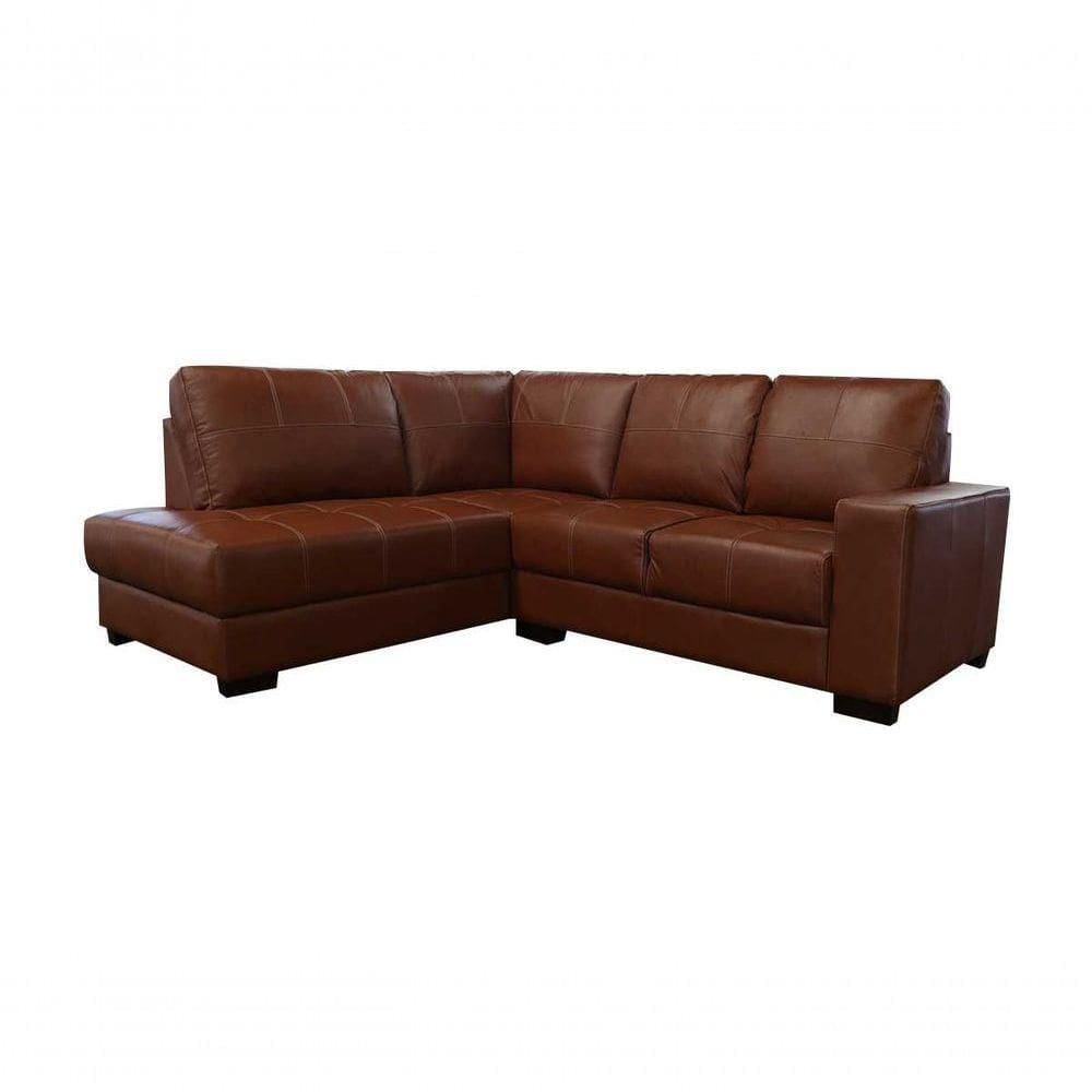Sofá De Couro Canto Marrocos 2 Lugares Com Chaise Esquerda Conhaque Com Brilho - Mempra Design