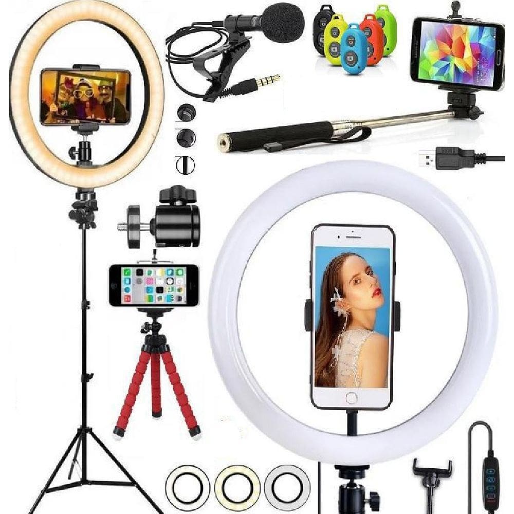 Kit Vídeo Aula Chamada Microfone Tripé Celular + Iluminador