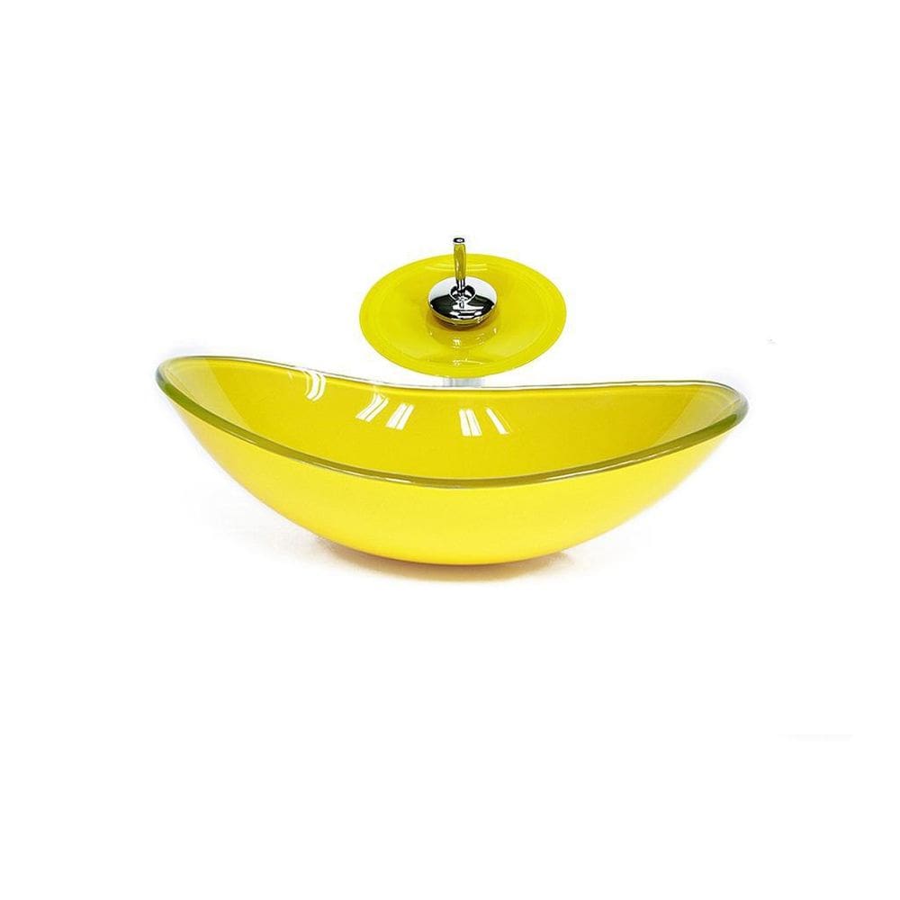 Cuba De Vidro Oval 55Cm Amarela + Valvula + Torneira Cascata