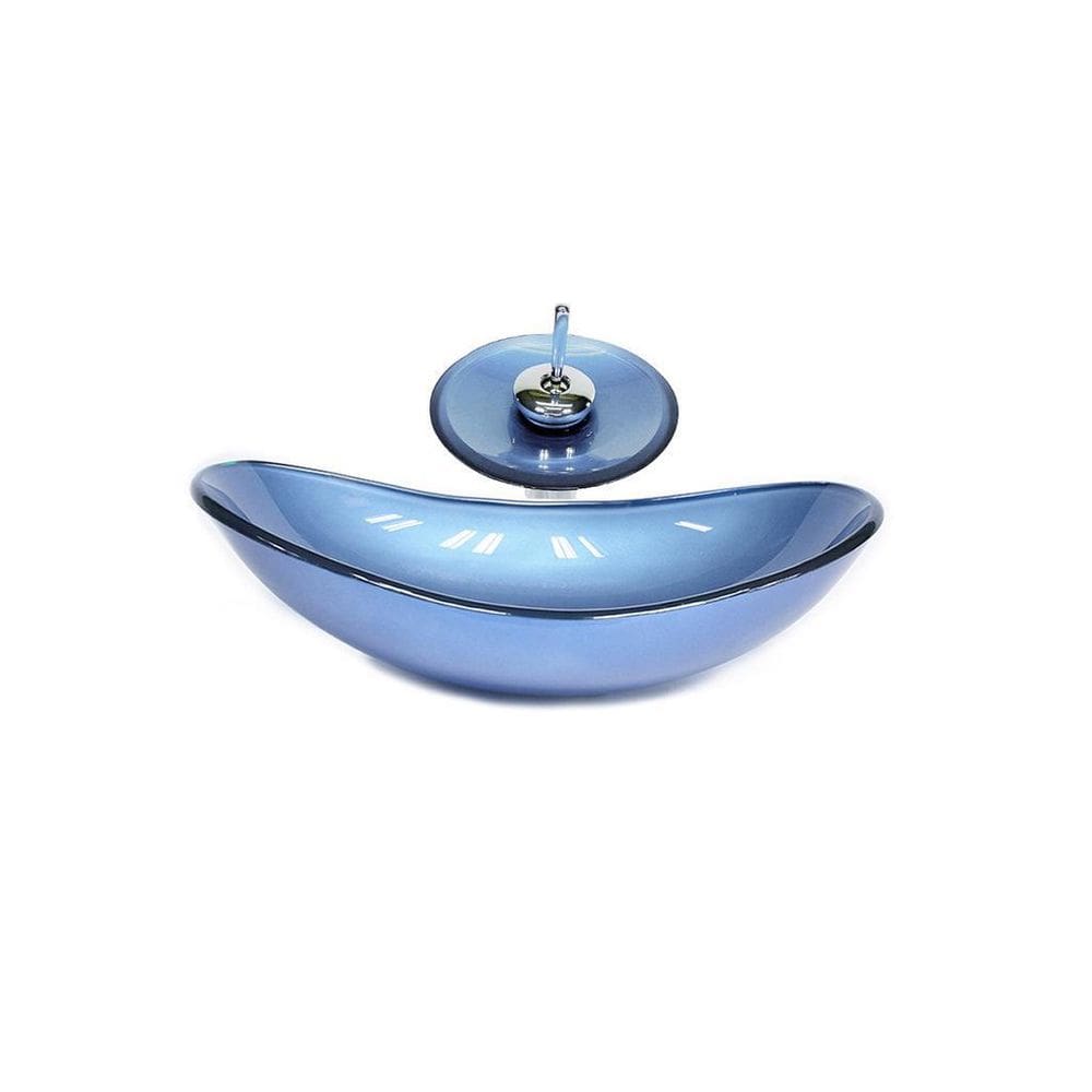 Cuba De Vidro Oval 47Cm Azul + Valvula + Torneira Cascata