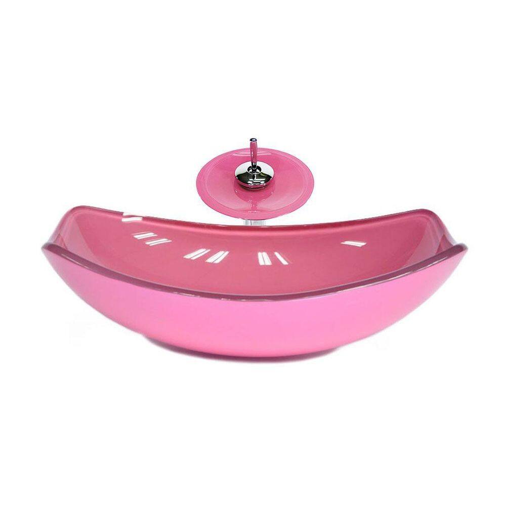 Cuba De Vidro Oval Chanfrada 51Cm Rosa + Válvula + Torneira