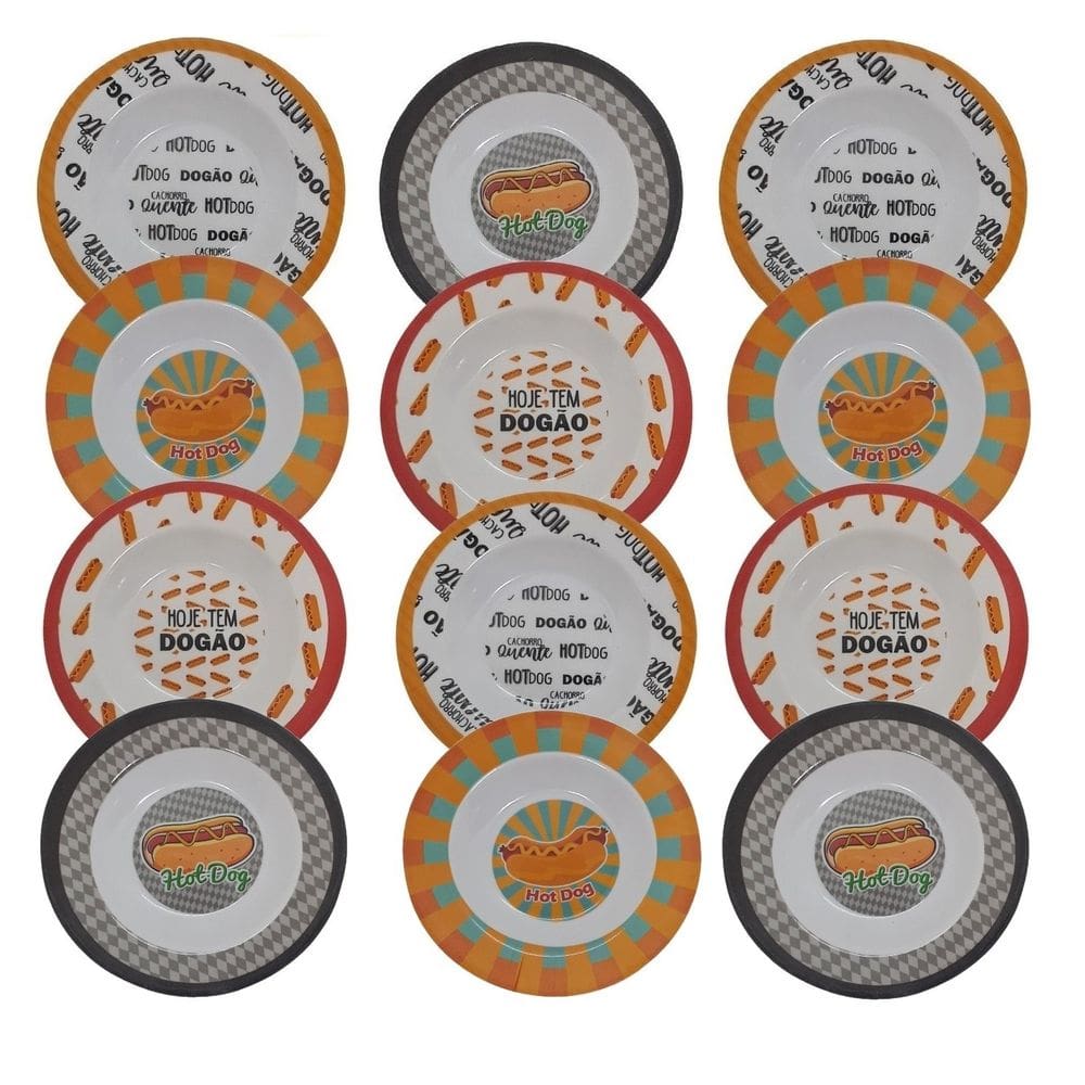 Conjunto 12 Pratos Em Melamina Fundo Para Lanches Hot dog